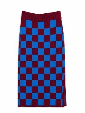 Checkerboard Knit Midi Skirt Blue Burgundy Retro Mod Y2K Statement Piece